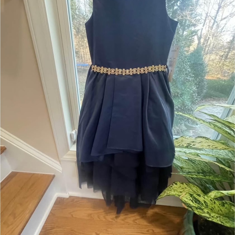 Elegant Navy Dress with Gold Floral Belt